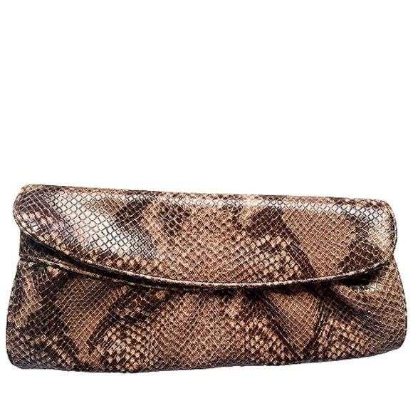 ALPACHINO Brown Python Print Clutch Handbag Patent Leather Classic Womens Purse - Picture 1 of 8